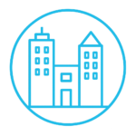 business Glowing neon cityscape icon in blue