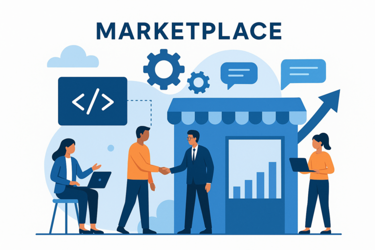 Illustration of business people at marketplace.