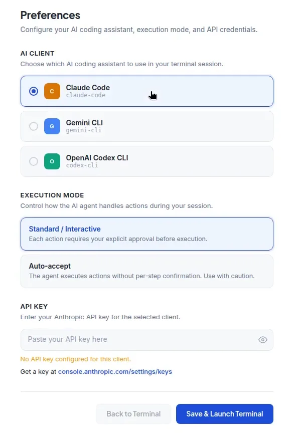 AI Assistant preferences: choose Claude Code, Gemini CLI or OpenAI Codex CLI, choose standard mode where each action needs approval or auto-accept, and paste your own API key.