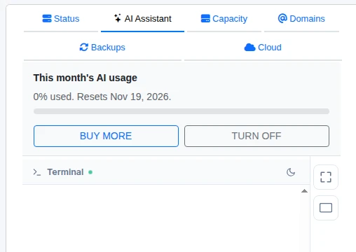 The AI Assistant tab in Clouve on a narrow screen: this month's AI usage, 0% used and resetting on Nov 19, 2026, with Buy more and Turn off buttons above the assistant's terminal.