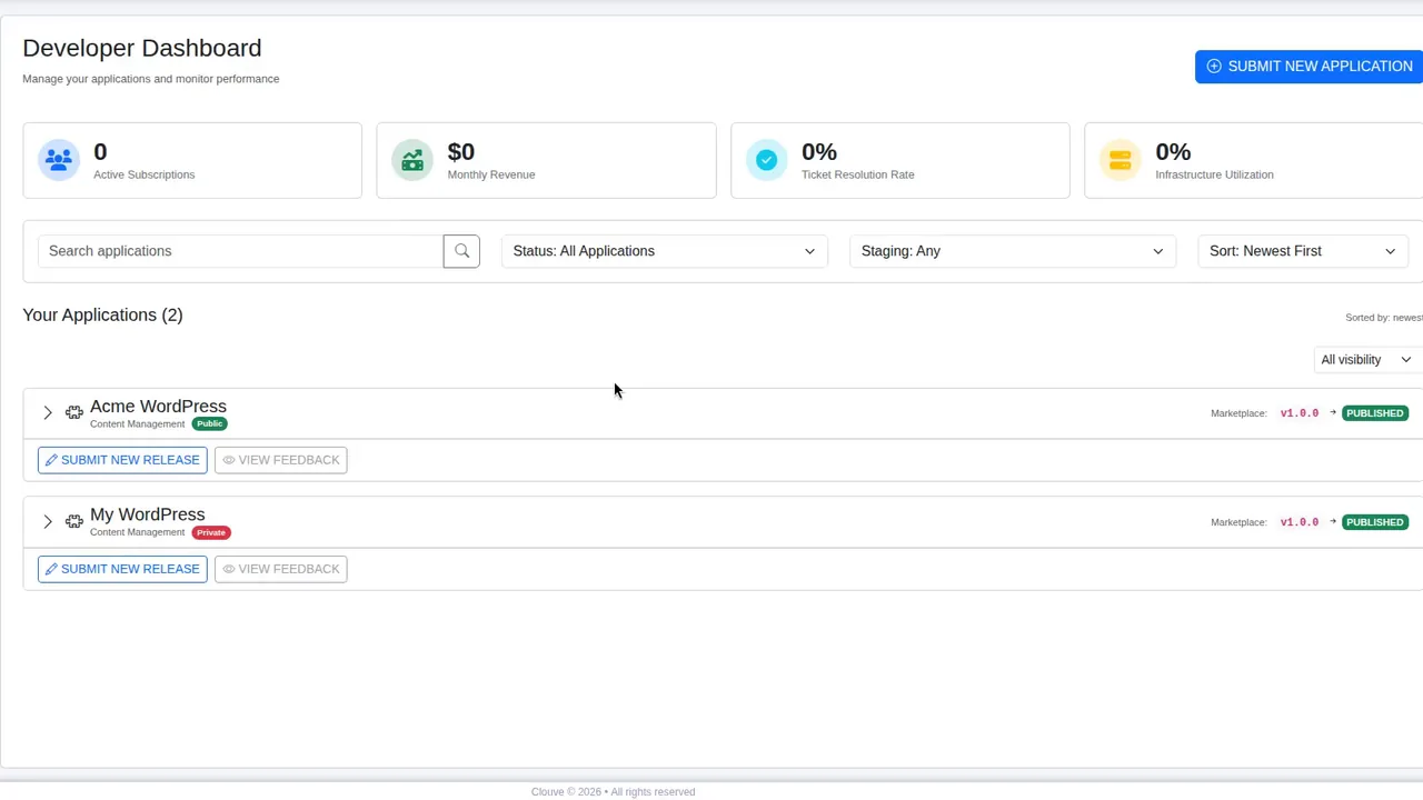 The Clouve developer dashboard with tiles for active subscriptions and monthly revenue, and a list of published applications.