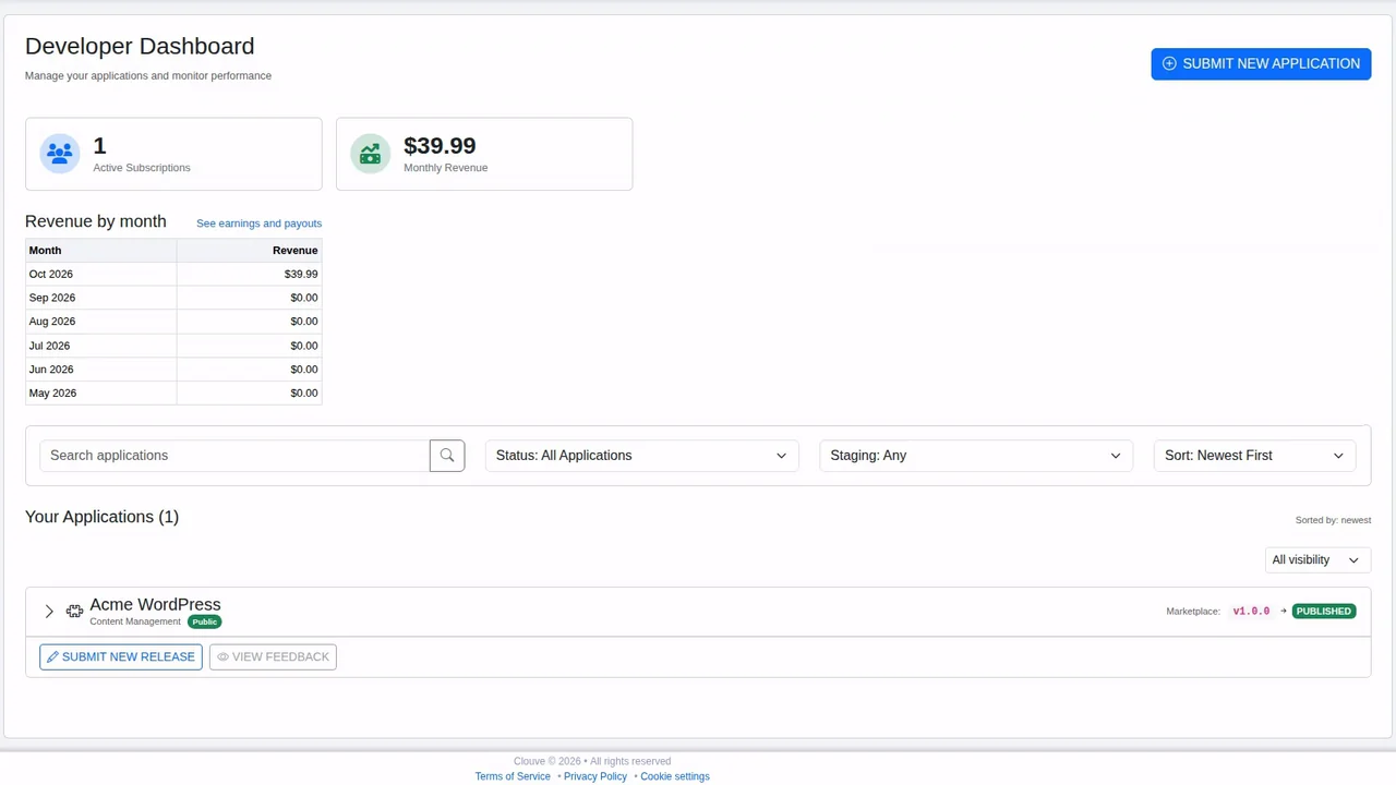 The Clouve developer dashboard after a first subscriber: one active subscription, this month's revenue, revenue by month with a link to earnings and payouts, and one published app.