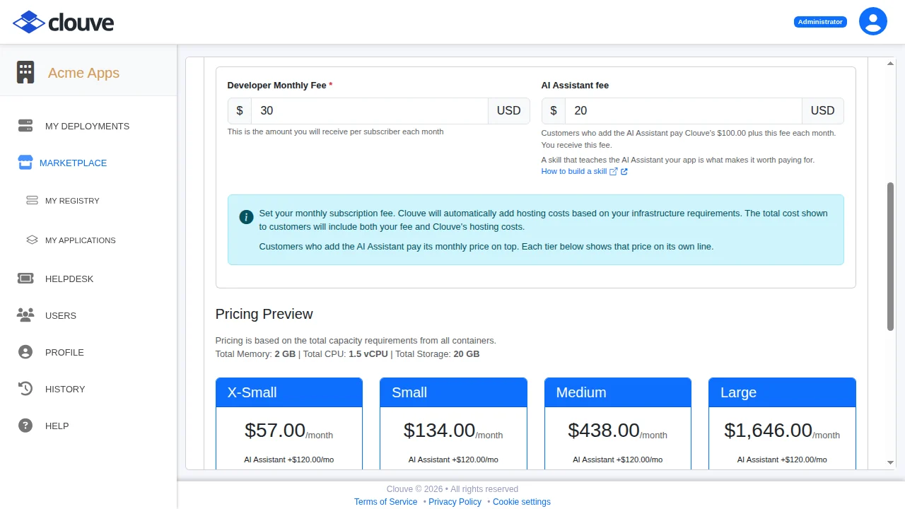The pricing step of the Clouve submission wizard. The developer sets a monthly fee and an AI Assistant fee, and each capacity tier shows the customer's base price with the AI Assistant's price on top.