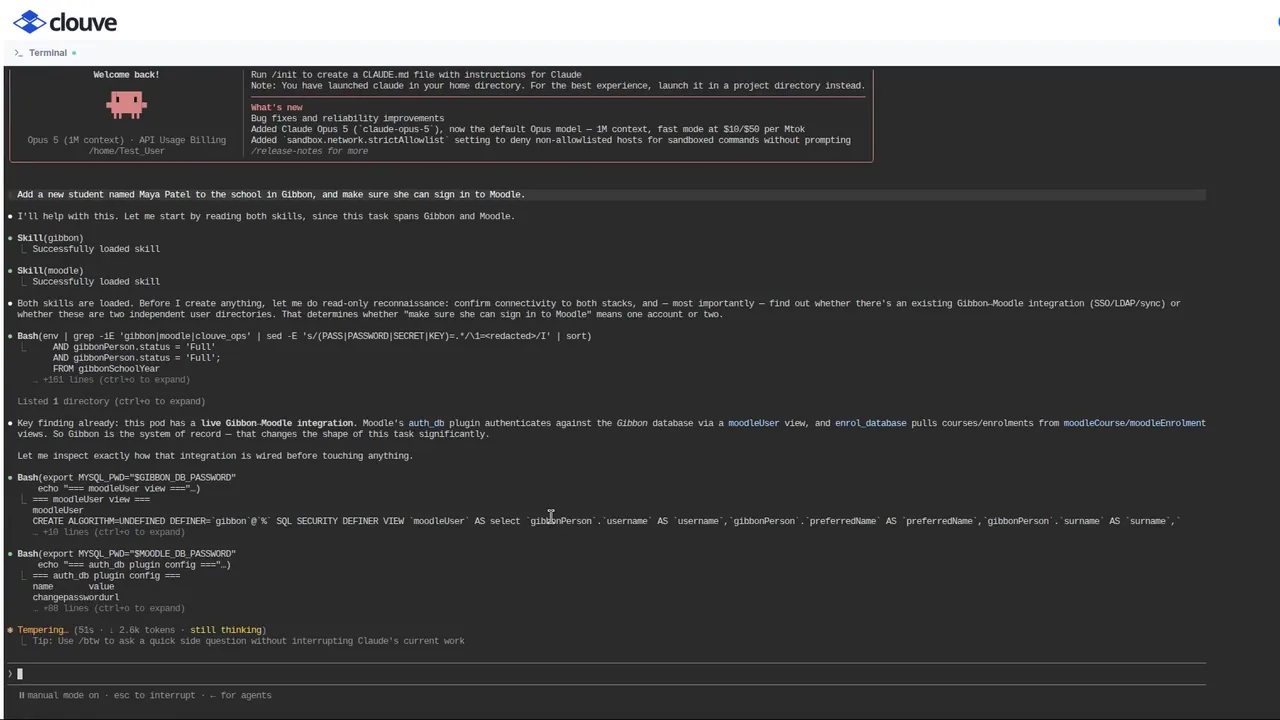 The AI Assistant inside a Clouve deployment, asked to add a student in Gibbon and make sure she can sign in to Moodle.