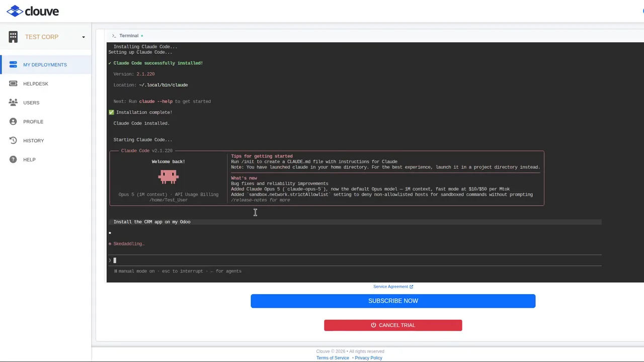 The AI Assistant inside a Clouve Odoo deployment, asked in plain English to install the CRM app.